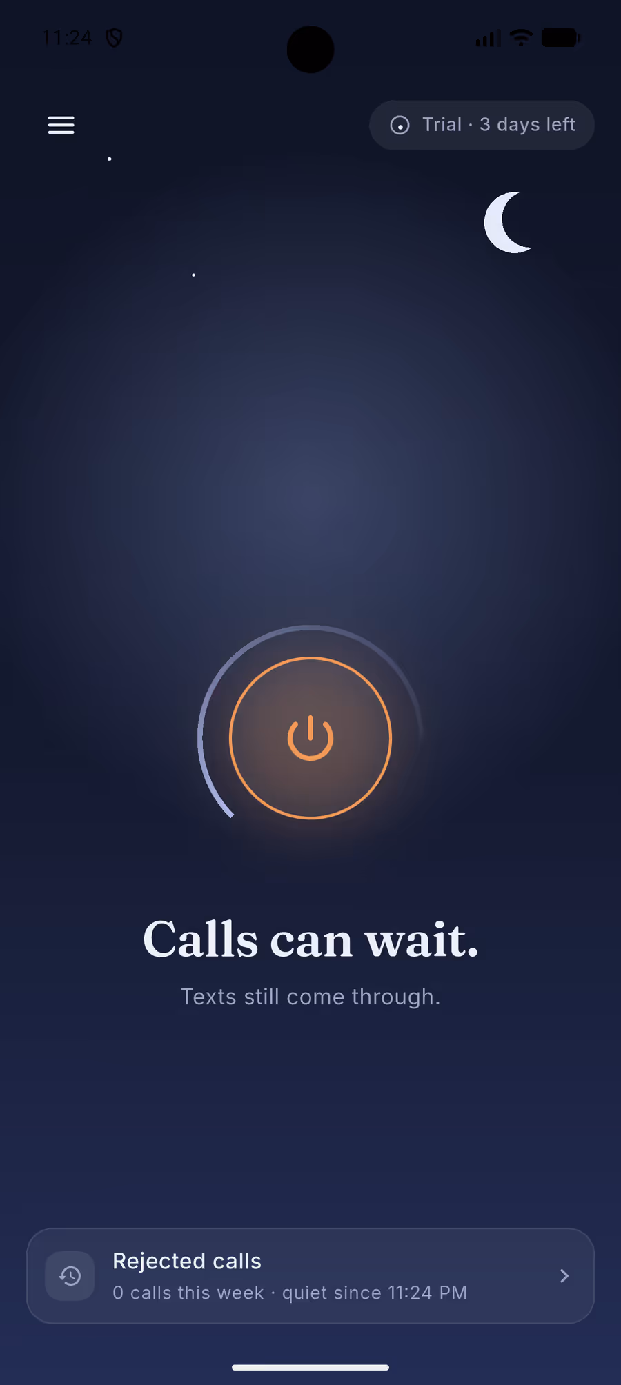 The same screen with quiet mode on, at dusk, showing a crescent moon, a glowing ember button and the line “Calls can wait.”
